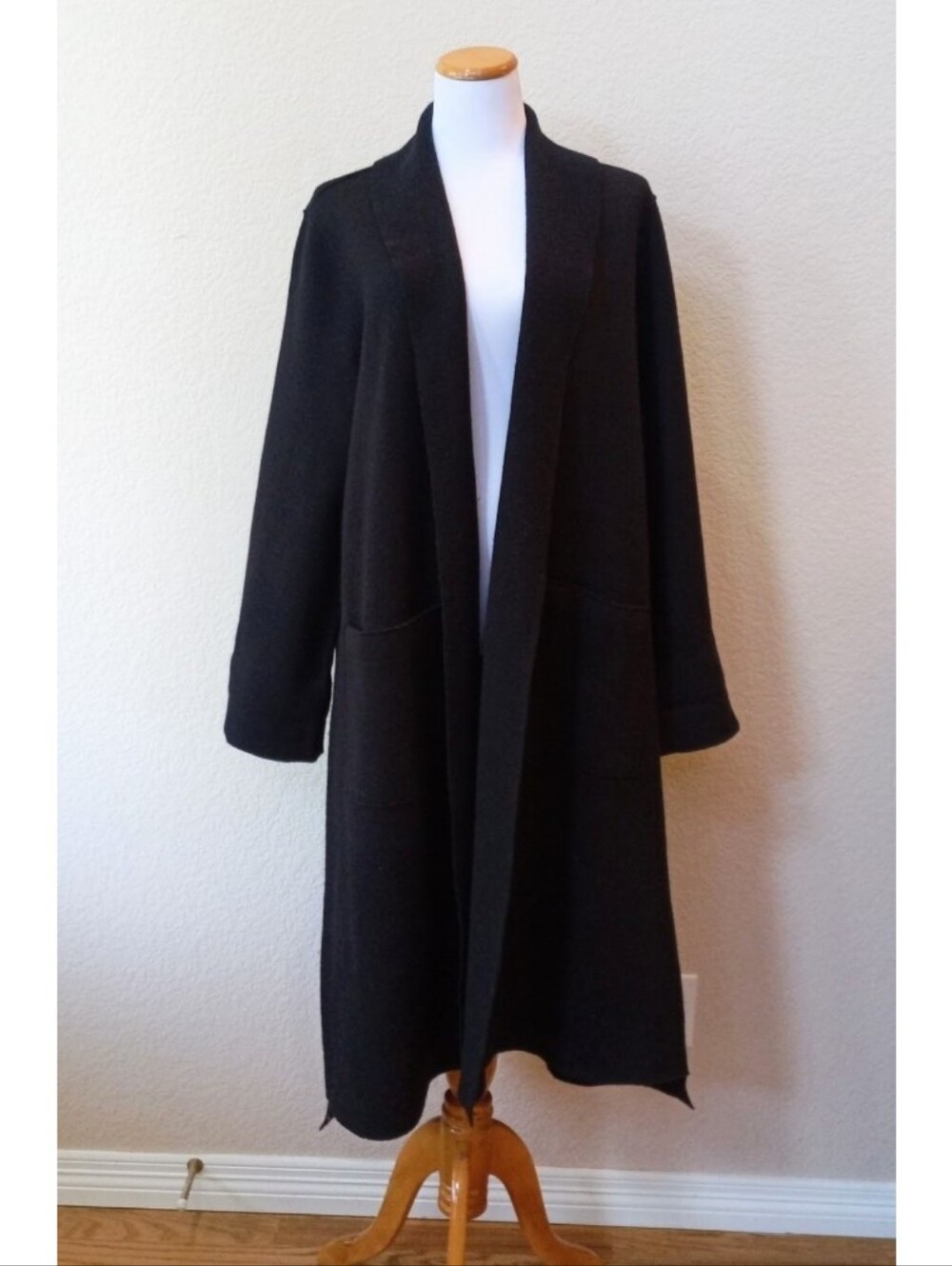 Eileen Fisher black boiled wool elegant long lightweight coat - Picture 2 of 7
